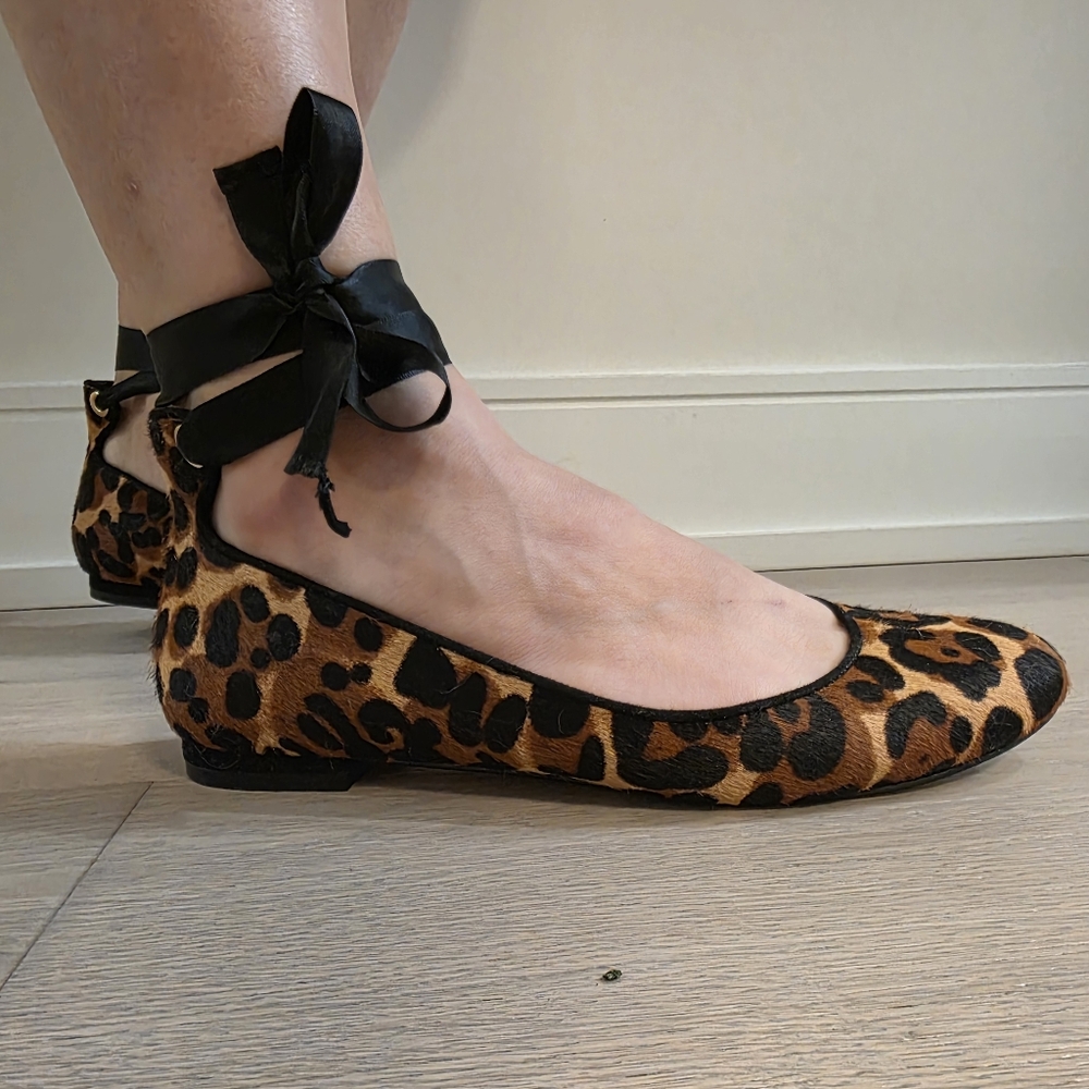 Lord & Taylor 424 Fifth Calf Leopard Print Lace Up Leather Ballet Flats US 7